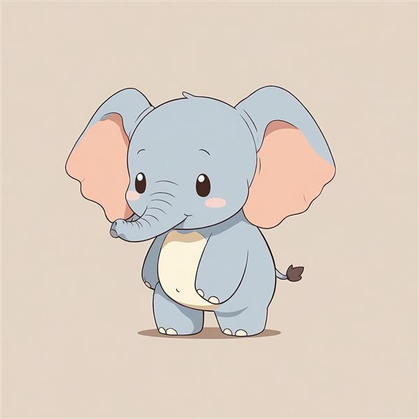 فیل کیوت انیمیشنی با ژست متفکرانه یا کنجکاو، شخصیت دامبو با خرطوم روی دهان، پس‌زمینه کرم خنثی