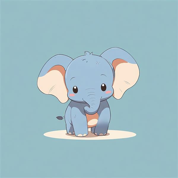 فیل آبی کارتونی بامزه با نگاه مستقیم، طرح وکتور دامبو روی یک سطح سفید، پس‌زمینه آبی پاستلی