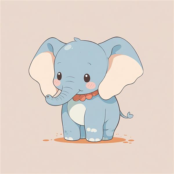 فیل آبی کارتونی با قلاده دایره‌ای نارنجی، طرح انیمیشنی دامبو با گونه‌های صورتی، پس‌زمینه کرم ملایم