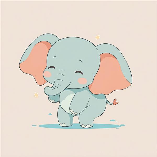 فیل بامزه دامبو در حال رقص و بازی با دست‌ها، طرح انیمیشنی وکتور با برق چشم، پس‌زمینه کرم/صورتی، دکوراسیون کودک