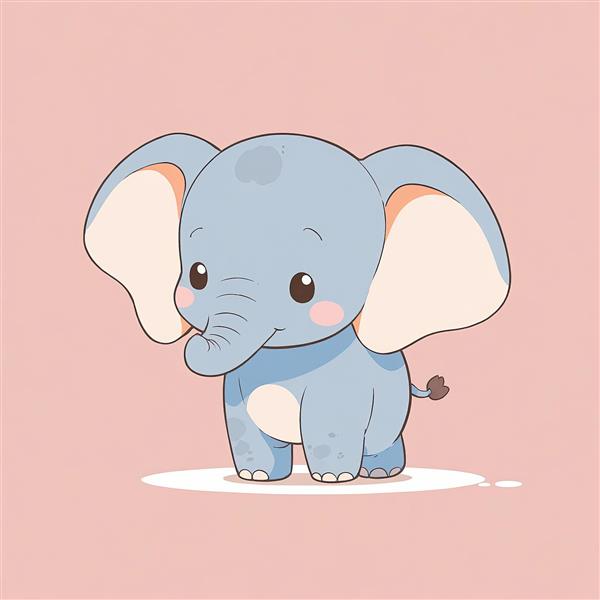 فیل آبی کیوت با گوش‌های بزرگ و خرطوم کوچک، طرح انیمیشنی دامبو، پس‌زمینه صورتی ملایم، مناسب چاپ دکوراتیو