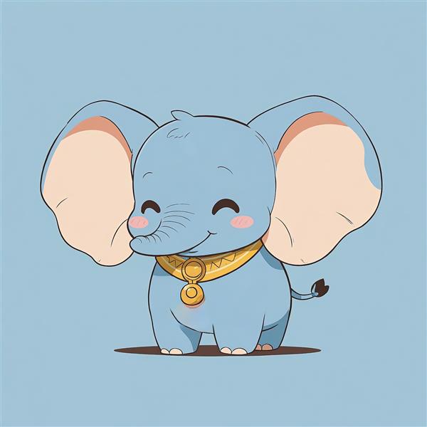 فیل کارتونی شاد دامبو با گردنبند طلایی و قلاده، طرح وکتور با کیفیت بالا، پس‌زمینه آبی روشن، مناسب محصولات ویژه