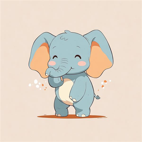 فیل انیمیشنی خندان و خجالتی، شخصیت دامبو کیوت با دست روی دهان، وکتور رنگ‌های پاستلی، مناسب محصولات دکوراتیو