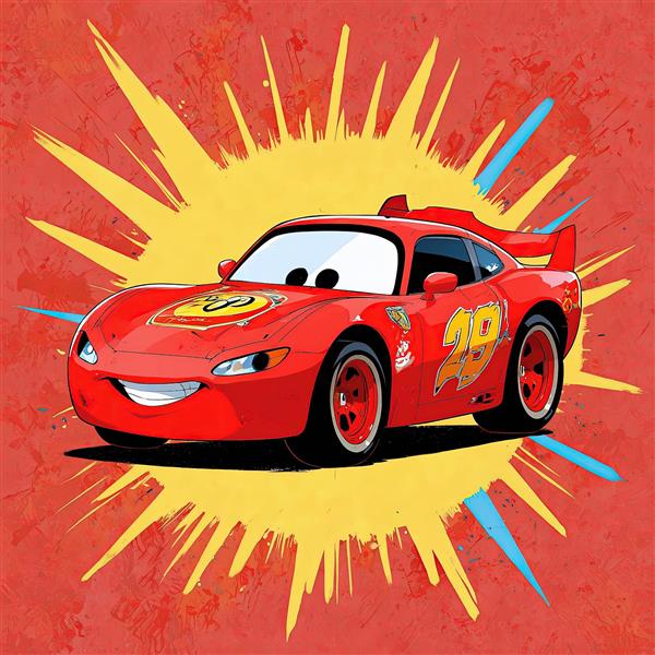 مک‌کوئین (لایتنینگ) انیمیشن ماشین‌ها تصویر وکتور ماشین قرمز ۴۰ با پس‌زمینه خورشیدی قرمز و زرد