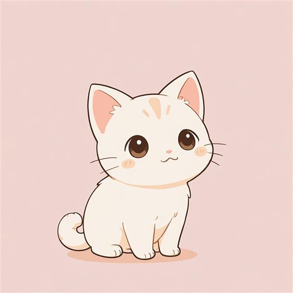 بچه گربه انیمه‌ای کرمی نشسته (نکو) تصویر عروسکی مینیمال با پس‌زمینه صورتی وکتور چاپی