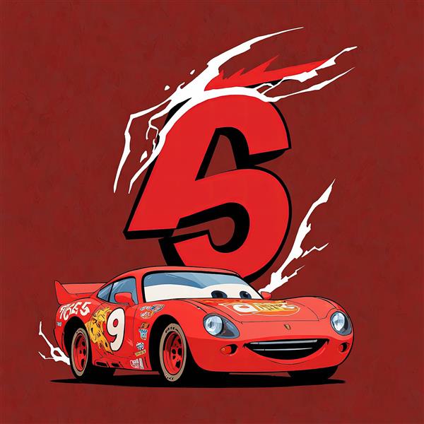 مک‌کوئین (لایتنینگ) انیمیشن ماشین‌ها تصویر وکتور ماشین مسابقه و عدد بزرگ ۶