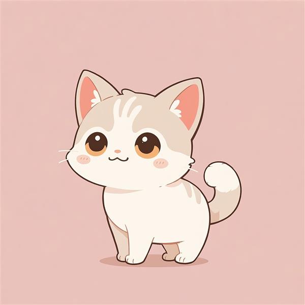 بچه گربه انیمه‌ای بژ و سفید (نکو) تصویر عروسکی ایستاده با خال‌های خاکستری وکتور چاپی