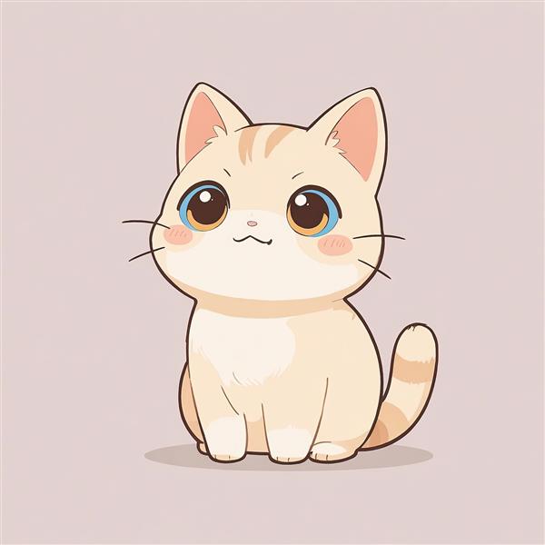 بچه گربه انیمه‌ای بژ نشسته (نکو) تصویر کارتونی چشمان بزرگ قهوه‌ای و آبی پوستر دکوراتیو