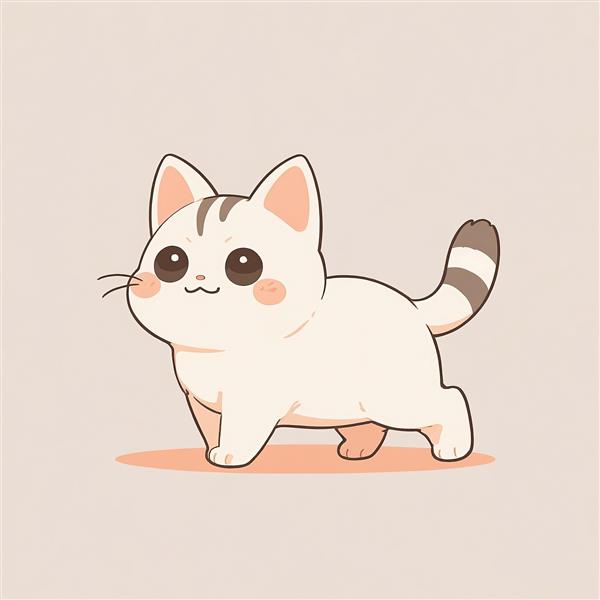 بچه گربه انیمه‌ای سفید و بژ (نکو) تصویر عروسکی ایستاده با پس‌زمینه مینیمال مناسب چاپ