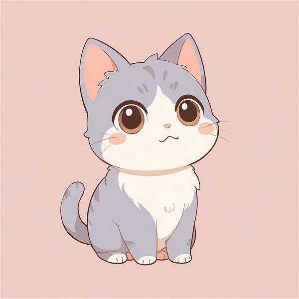 بچه گربه انیمه‌ای خاکستری و سفید (نکو) تصویر عروسکی پشمالو نشسته وکتور برای دکور پوستر