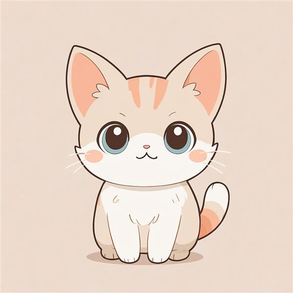 بچه گربه انیمه‌ای بژ نشسته (نکو) تصویر کارتونی چشمان بزرگ آبی کیفیت بالا برای پوستر