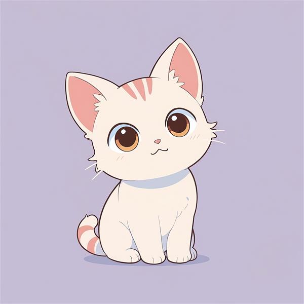 بچه گربه انیمه‌ای سفید و بژ (نکو) تصویر عروسکی نشسته پس‌زمینه بنفش وکتور برای دکور