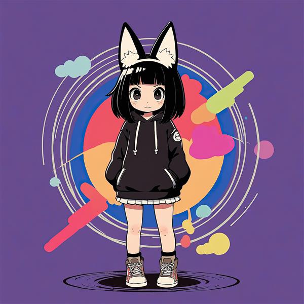 شخصیت انیمه‌ای دختر گربه‌ای (نکو) هودی استایل و پس‌زمینه انتزاعی دایره‌ای وکتور