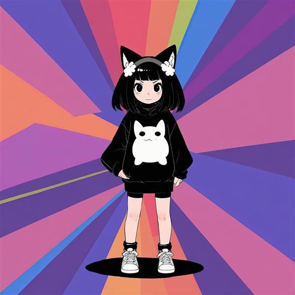 شخصیت انیمه‌ای دختر گربه‌ای (نکو) هودی مشکی با طرح گربه و پس‌زمینه اسپایدروب