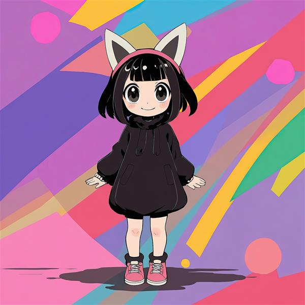 شخصیت انیمه‌ای دختر گربه‌ای (نکو) تصویر استریت استایل هودی و پس‌زمینه رنگارنگ و پاپ‌آرت