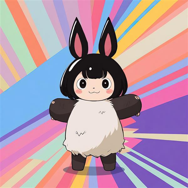 شخصیت انیمه‌ای لباس خرس (بانی) تصویر عروسکی دختر در لباس خرگوش پس زمینه رنگارنگ