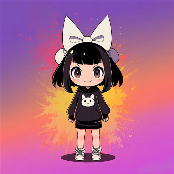 دختر انیمه چیبی: تصویر دختر انیمه‌ای با پاپیون سفید بزرگ و هودی مشکی طرح گربه، پس‌زمینه رنگین‌کمان