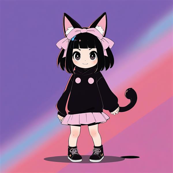 دختر انیمه چیبی: تصویر دختر بچه انیمه‌ای با گوش گربه، پاپیون صورتی و لباس مشکی صورتی