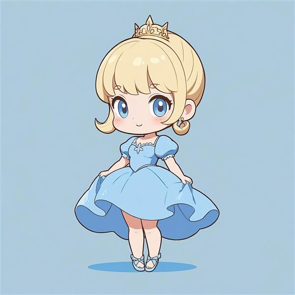 سیندرلا چیبی: تصویر شاهزاده خانم بلوند با مدل موی کلاسیک و لباس آبی ساده و تاج طلایی