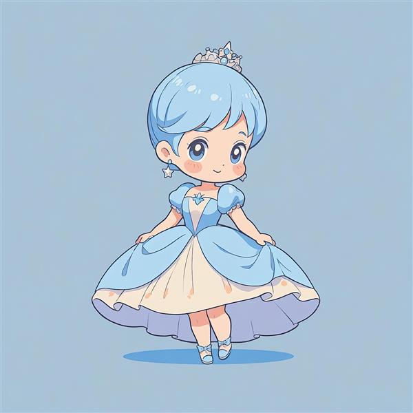 سیندرلا چیبی: تصویر شاهزاده خانم مو آبی (کوتاه) با تاج و زیردامنی کرم در پس‌زمینه آبی ملایم