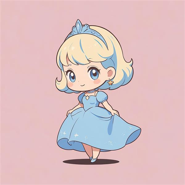 سیندرلا چیبی: تصویر شاهزاده خانم بلوند با سربند آبی و تاج بلوری در لباس آبی (پس‌زمینه صورتی)