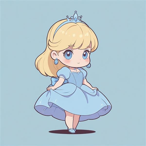 سیندرلا چیبی: تصویر شاهزاده خانم بلوند مو کوتاه با تاج کریستالی و لباس آبی آسمانی