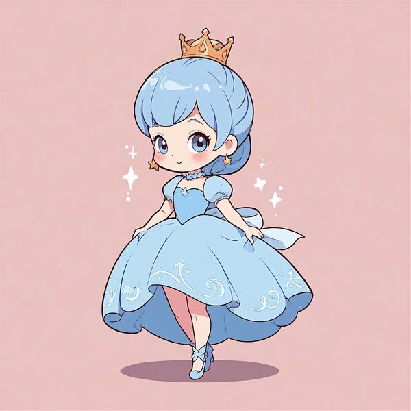 سیندرلا چیبی: تصویر شاهزاده خانم مو آبی در حال چرخیدن با تاج طلایی و ستاره‌های درخشان