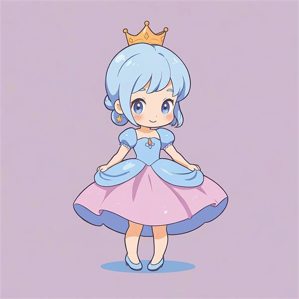 سیندرلا چیبی: تصویر شاهزاده خانم مو آبی (دومینانت) با دامن صورتی و تاج طلایی در پس‌زمینه بنفش