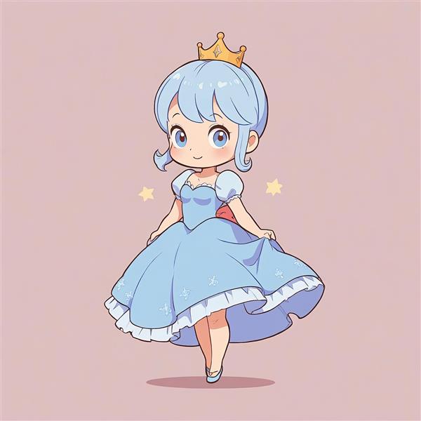 سیندرلا چیبی: تصویر شاهزاده خانم مو آبی با تاج طلایی و افکت ستاره‌های درخشان و قلب