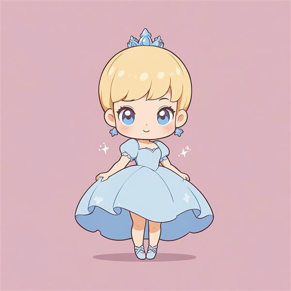 سیندرلا چیبی: تصویر شاهزاده خانم بلوند مو کوتاه با تاج کریستالی و ستاره‌های درخشان