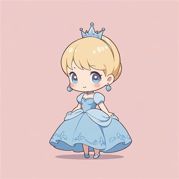 سیندرلا چیبی: تصویر شاهزاده خانم بلوند با طرح پروانه‌های آبی کوچک روی دامن و تاج بلوری