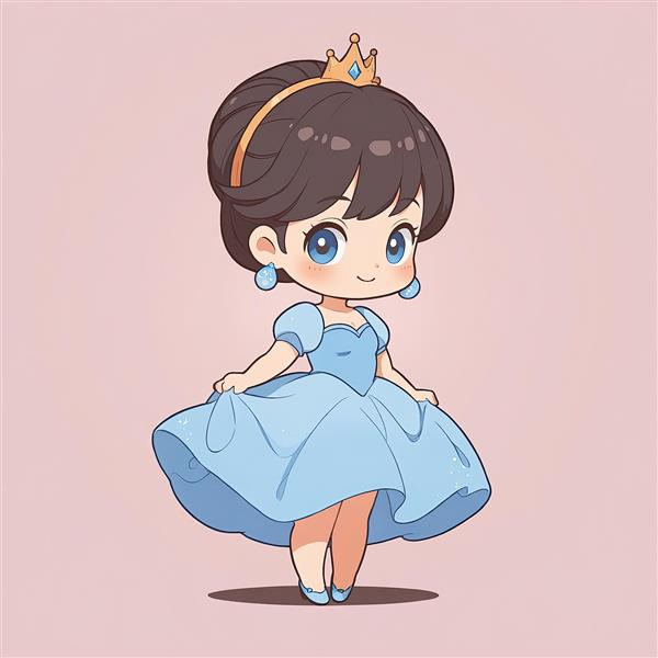 سیندرلا چیبی: تصویر شاهزاده خانم مو قهوه‌ای با تاج طلایی و سربند در لباس آبی کلاسیک