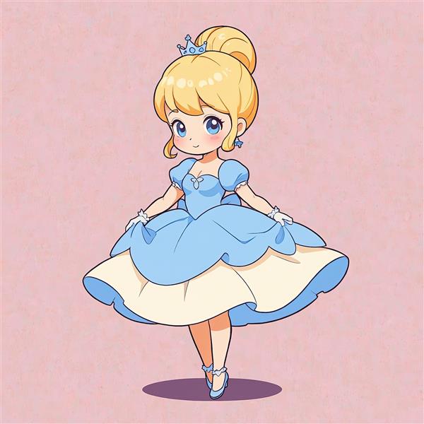 سیندرلا چیبی: تصویر شاهزاده خانم بلوند با دامن کرم و حاشیه‌دار در حال تعظیم