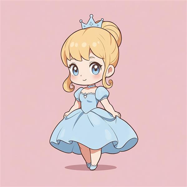 سیندرلا چیبی: تصویر تمام‌قد شاهزاده خانم بلوند با مدل موی جمع و لباس مجلسی آبی آسمانی