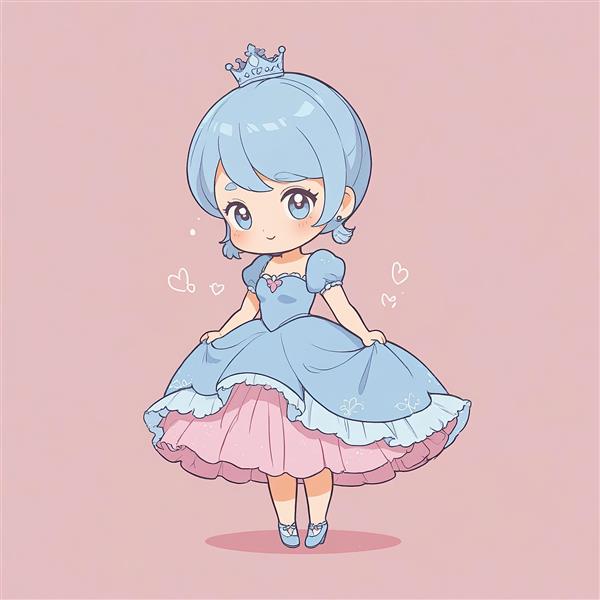 سیندرلا چیبی: تصویر تمام‌قد شاهزاده خانم مو آبی با دامن زیرین صورتی و قلب‌های کوچک