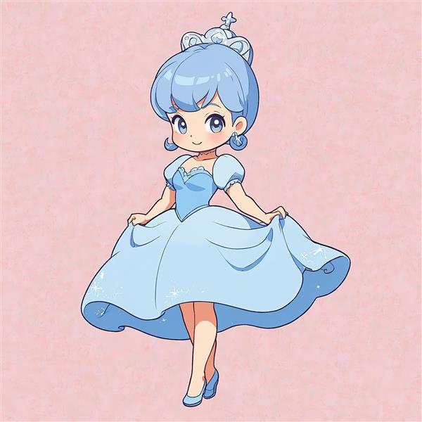 سیندرلا چیبی: تصویر شاهزاده خانم مو آبی در حال بالا گرفتن دامن لباس آبی با تاج کریستالی