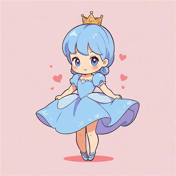 سیندرلا چیبی: تصویر کارتونی شاهزاده خانم مو آبی با تاج طلایی و قلب‌های صورتی روی پس‌زمینه ساده