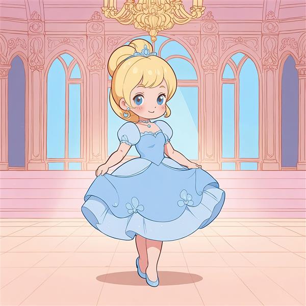 سیندرلا چیبی: تصویر تمام‌قد شاهزاده خانم زیر لوستر طلایی در تالار قصر با نورپردازی ملایم