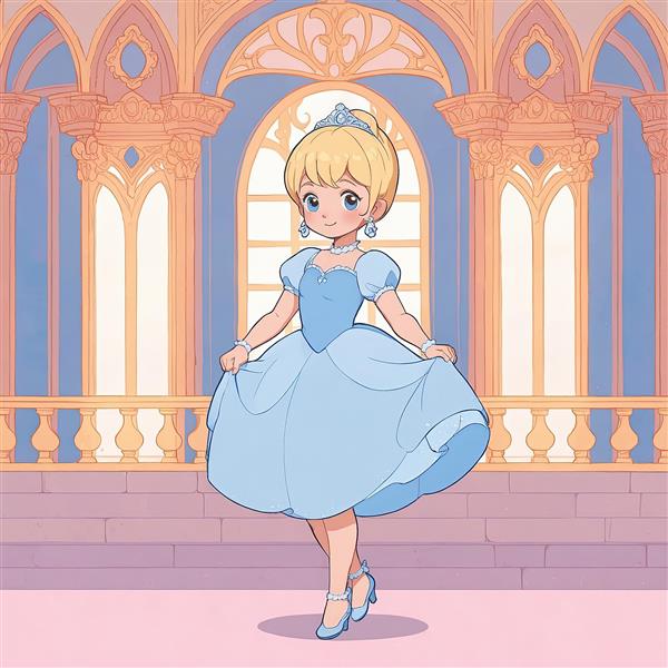 سیندرلا چیبی: تصویر تمام‌قد شاهزاده خانم با مدل موی دم اسبی و کفش آبی پاشنه‌دار در قصر