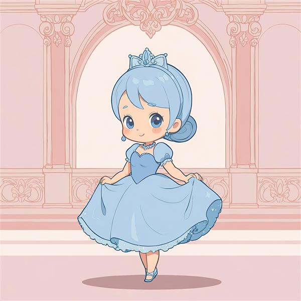 سیندرلا چیبی: تصویر شاهزاده خانم مو آبی با تاج یخ و لباس آبی در تالار رقص صورتی (سبک فروزن)