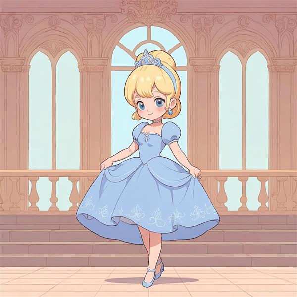سیندرلا چیبی: تصویر تمام‌قد شاهزاده خانم با جزئیات لباس و پس‌زمینه معماری بالکن قصر