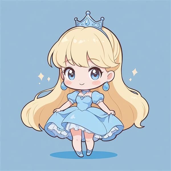 سیندرلا چیبی: تصویر عروسکی شاهزاده خانم با موهای بلند بلوند، تاج و گوشواره‌های آویز آبی