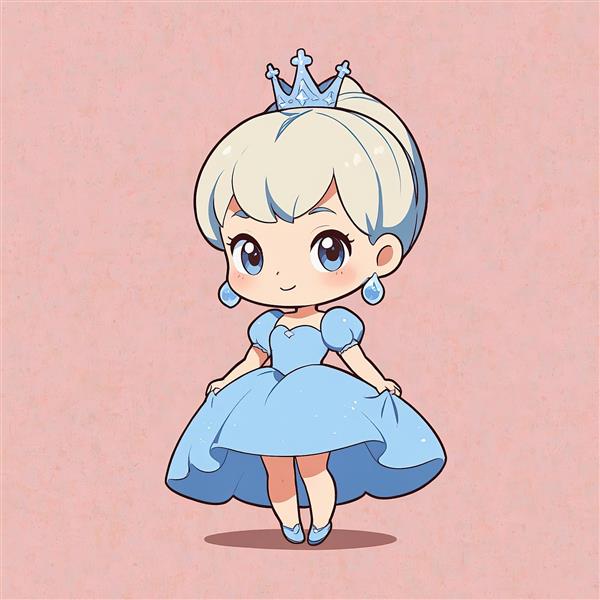 سیندرلا چیبی: تصویر شخصیت کارتونی با تاج کریستالی و موی سفید بلوند در پس‌زمینه صورتی ساده