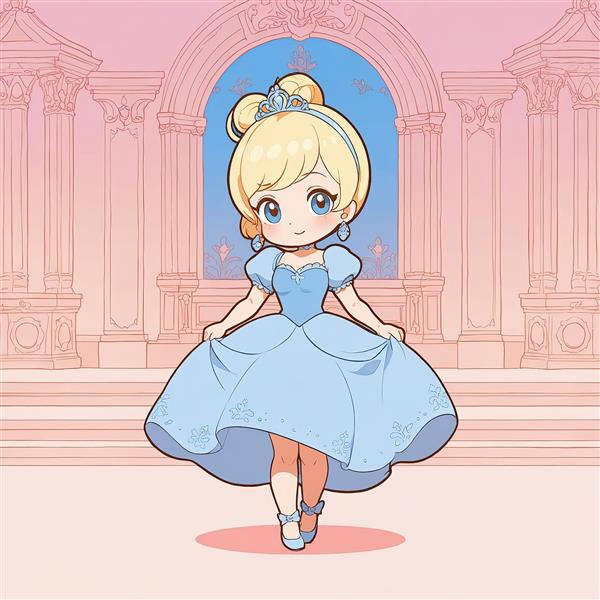 سیندرلا چیبی: تصویر زیبا از شاهزاده خانم در حال چرخیدن در سالن با ستون‌های صورتی و آبی