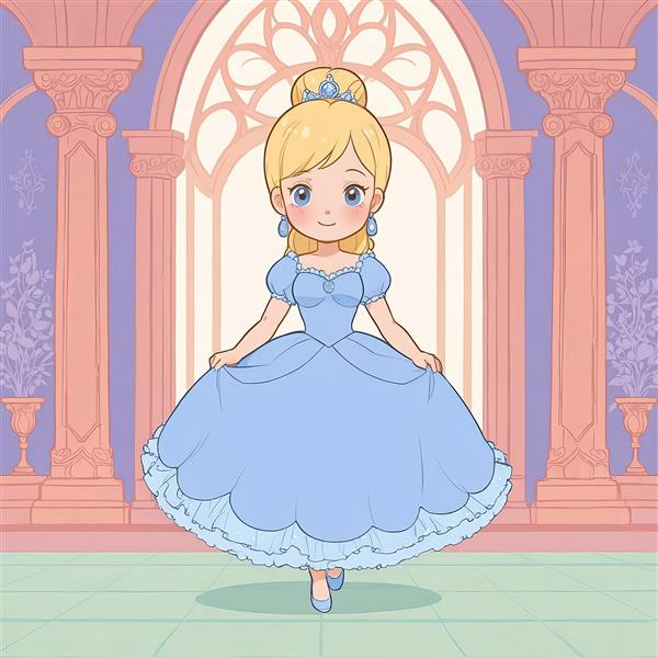 سیندرلا چیبی: تصویر شاهزاده با لباس شب و مدل موی جمع در ورودی طاق‌دار تالار سلطنتی