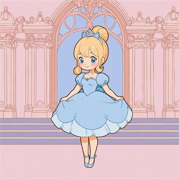 سیندرلا چیبی: تصویر تمام‌قد شاهزاده خانم در لباس بالماسکه با پس‌زمینه سالن صورتی و صورتی کمرنگ