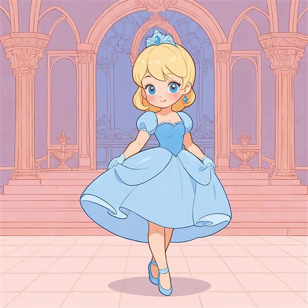 سیندرلا چیبی: تصویر کارتونی شاهزاده خانم با لباس آبی در حال قدم زدن در سالن قصر کلاسیک
