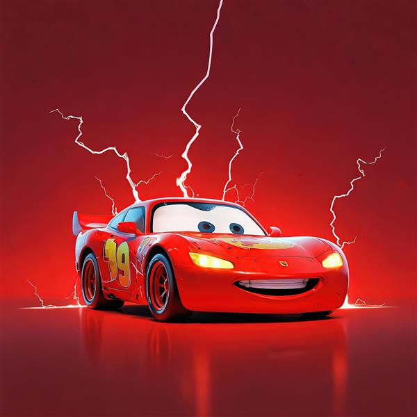 لایتنینگ مک‌کوئین: تصویر سه‌بعدی ماشین رعد و برق در استودیو با نورپردازی قرمز و رعد و برق در پس‌زمینه