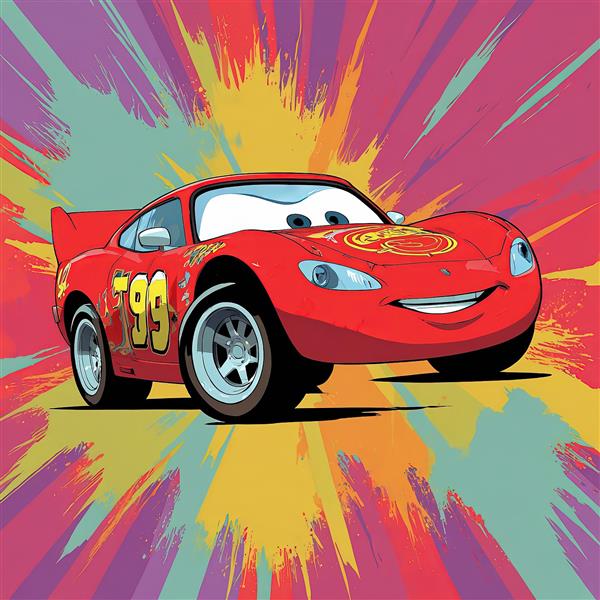 لایتنینگ مک‌کوئین: تصویر ماشین رعد و برق ۹۹ (۹۵ شبیه) با پس‌زمینه سرعت چند رنگ و انفجاری برای چاپ عریض