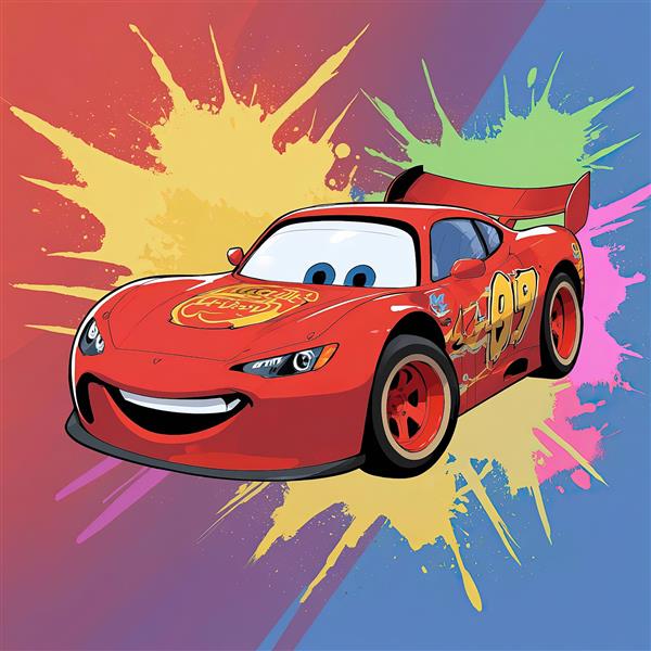 لایتنینگ مک‌کوئین: تصویر ماشین رعد و برق ۹۵ با پس‌زمینه رنگارنگ و افکت‌های پاشش رنگ چند رنگ